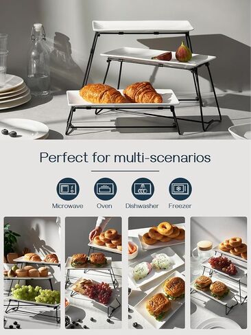 DOWAN 3 طبقات تقديم صواني الوقوف لحفلة عيد الشكر، مجموعة عرض طاولة الحلوى القابلة للطي، أطباق تقديم البورسلين للطعام والحلوى والكب كيك والوجبات الخفيفة والمقبلات والفواكه، 12 بوصة، أبيض in Kuwait