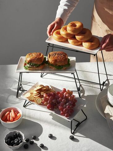 DOWAN 3 طبقات تقديم صواني الوقوف لحفلة عيد الشكر، مجموعة عرض طاولة الحلوى القابلة للطي، أطباق تقديم البورسلين للطعام والحلوى والكب كيك والوجبات الخفيفة والمقبلات والفواكه، 12 بوصة، أبيض in Kuwait