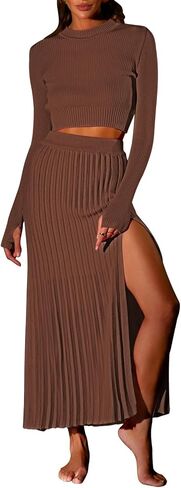 Pink Queen Women's 2 Piece Sweater Outfits Set Crop Top Long Sleeve Split Bodycon Pleated Midi Long Skirt Knit Dress in Saudi Arabia