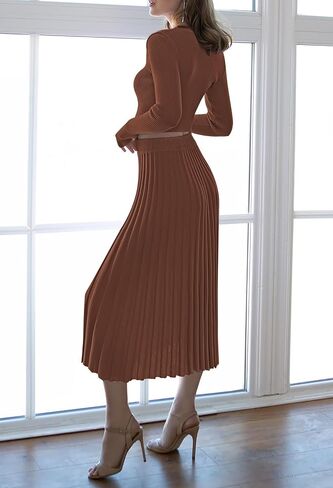 Pink Queen Women's 2 Piece Sweater Outfits Set Crop Top Long Sleeve Split Bodycon Pleated Midi Long Skirt Knit Dress in Saudi Arabia