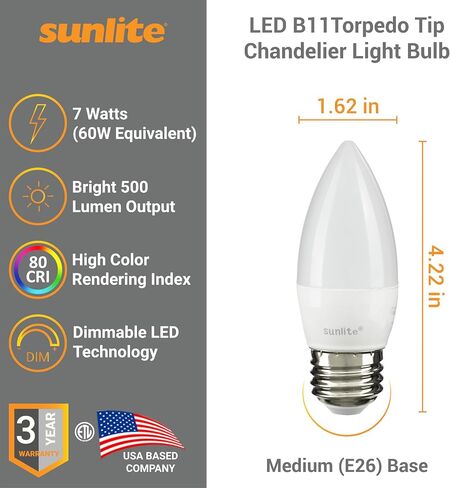 لمبة إضاءة ثريا Sunlite 41380-SU LED Torpedo Tip B11، 7 واط (ما يعادل 60 واط)، 500 لومن، قاعدة متوسطة (E26)، قابلة للتعتيم، 27 ك - أبيض دافئ، 6 عبوات، صقيع in Saudi Arabia