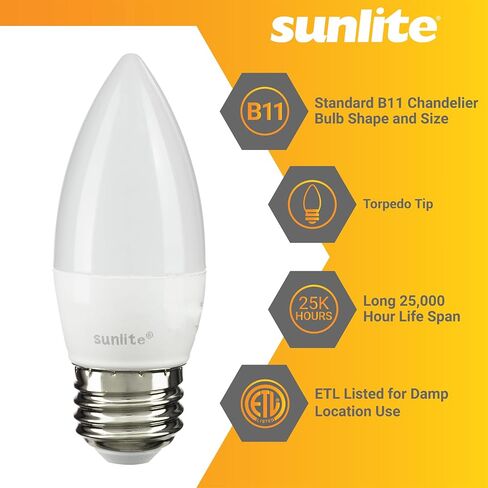 لمبة إضاءة ثريا Sunlite 41380-SU LED Torpedo Tip B11، 7 واط (ما يعادل 60 واط)، 500 لومن، قاعدة متوسطة (E26)، قابلة للتعتيم، 27 ك - أبيض دافئ، 6 عبوات، صقيع in Saudi Arabia