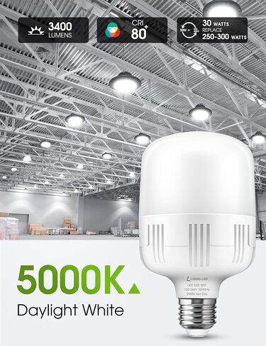 LOHAS Super Bright Light Bulbs, 250-300W Equivalent 3400LM E26 Garage LED Bulb, 5000K Daylight 30 Watt High Lumen LED Bulb w/E39 Adapter for Commercial Warehouse Workshop Factory Backyard Barn, 2 Pack in Kuwait