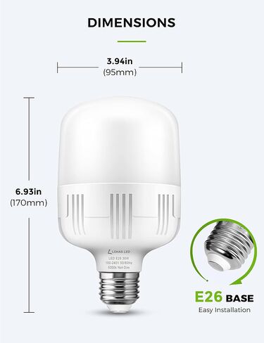 LOHAS Super Bright Light Bulbs, 250-300W Equivalent 3400LM E26 Garage LED Bulb, 5000K Daylight 30 Watt High Lumen LED Bulb w/E39 Adapter for Commercial Warehouse Workshop Factory Backyard Barn, 2 Pack in Kuwait