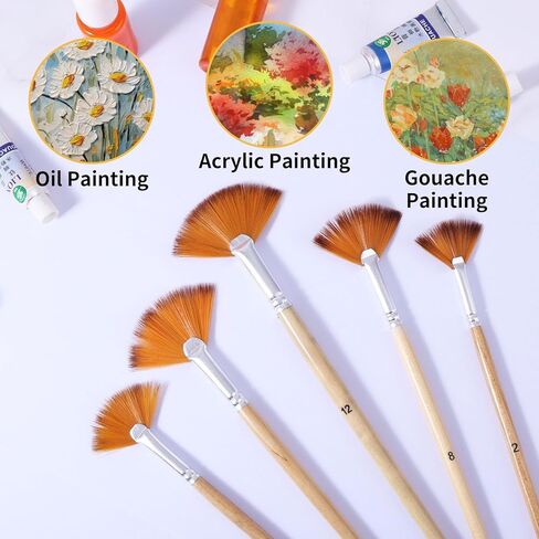 Prasacco 5 Pieces Fan Brush for Painting, Oil Acrylic Paint Brushes Artist Fan Brushes Nylon Hair Long Wood Handle Painting Brush for Acrylic Watercolor Oil Gouche Painting in Kuwait