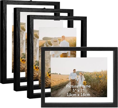 WIFTREY 5x7 Floating Picture Frames Set of 4, Black Rustic Picture Frame 5 x 7 for Wall Hanging, Double Glass Family Photo Frame Display any Size up to 7x9 in Saudi Arabia