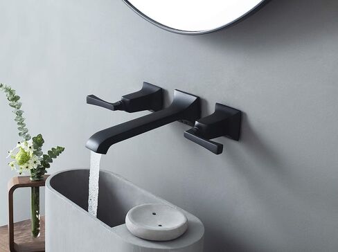 SITGES Bathroom Wall Faucet, Heavy Duty, Brass Constructed Wall Mount Faucet with Metal Lever Handles, Rough in Valve Included (Matte Black) in Saudi Arabia