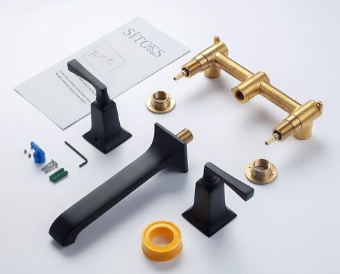 SITGES Bathroom Wall Faucet, Heavy Duty, Brass Constructed Wall Mount Faucet with Metal Lever Handles, Rough in Valve Included (Matte Black) in Saudi Arabia