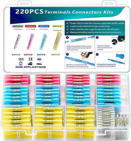 220pcs Heat Shrink Wire Connectors, Marine Grade Electrical Wire Connectors Kit, Butt Connectors Heat Shrink, Insulated Waterproof Crimp Terminals Butt Splice Suitable for Cable,Boat,Wiring in Saudi Arabia