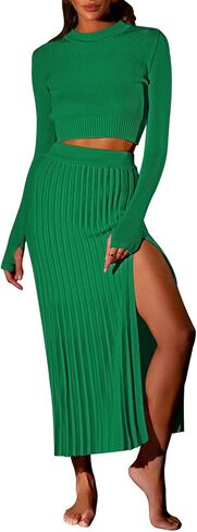 Pink Queen Women's 2 Piece Sweater Outfits Set Crop Top Long Sleeve Split Bodycon Pleated Midi Long Skirt Knit Dress in Saudi Arabia