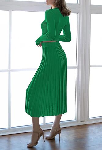 Pink Queen Women's 2 Piece Sweater Outfits Set Crop Top Long Sleeve Split Bodycon Pleated Midi Long Skirt Knit Dress in Saudi Arabia