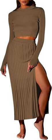 Pink Queen Women's 2 Piece Sweater Outfits Set Crop Top Long Sleeve Split Bodycon Pleated Midi Long Skirt Knit Dress in Saudi Arabia