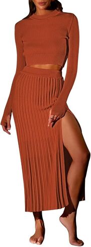 Pink Queen Women's 2 Piece Sweater Outfits Set Crop Top Long Sleeve Split Bodycon Pleated Midi Long Skirt Knit Dress in Saudi Arabia