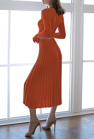 Pink Queen Women's 2 Piece Sweater Outfits Set Crop Top Long Sleeve Split Bodycon Pleated Midi Long Skirt Knit Dress in Saudi Arabia