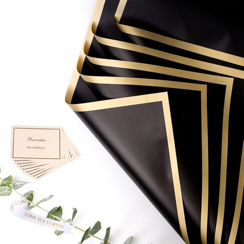 fuceury 20 pcs Flower Wrapping Paper Florist Bouquet Supplies Waterproof Floral Wrapping Paper with Ribbon and Cards 22.8x22.8 inch (Pink with Gold Edge) in Kuwait