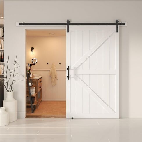 48''x84'' Sliding Barn Door with 8ft Barn Door Hardware Kit & Handle & Floor Guides-Assembly Required-Include Installation Manual, K-Frame, White in Saudi Arabia