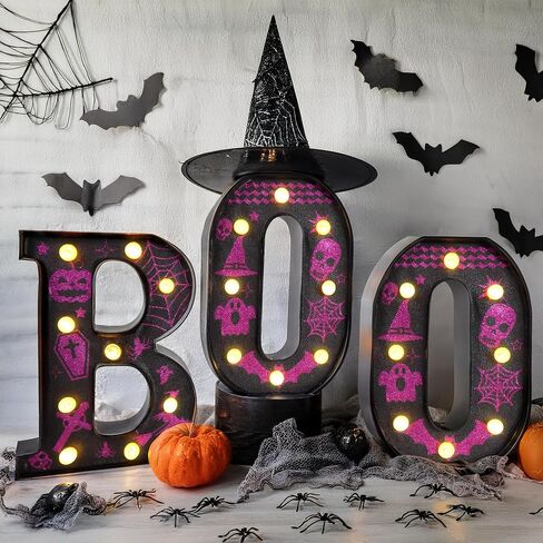 كاتش أون، حروف مضيئة LED Boo - 8.5 بوصة، تعمل بالبطارية | علامة مضيئة باللونين الأرجواني والأسود لديكورات الهالوين في الأماكن المغلقة | لافتة سرادق الهالوين لديكورات حفلات الهالوين in Saudi Arabia