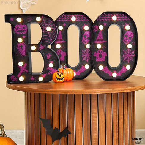 كاتش أون، حروف مضيئة LED Boo - 8.5 بوصة، تعمل بالبطارية | علامة مضيئة باللونين الأرجواني والأسود لديكورات الهالوين في الأماكن المغلقة | لافتة سرادق الهالوين لديكورات حفلات الهالوين in Saudi Arabia