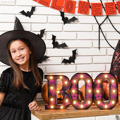 كاتش أون، حروف مضيئة LED Boo - 8.5 بوصة، تعمل بالبطارية | علامة مضيئة باللونين الأرجواني والأسود لديكورات الهالوين في الأماكن المغلقة | لافتة سرادق الهالوين لديكورات حفلات الهالوين in Saudi Arabia
