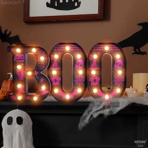 كاتش أون، حروف مضيئة LED Boo - 8.5 بوصة، تعمل بالبطارية | علامة مضيئة باللونين الأرجواني والأسود لديكورات الهالوين في الأماكن المغلقة | لافتة سرادق الهالوين لديكورات حفلات الهالوين in Saudi Arabia