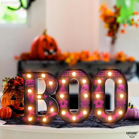 كاتش أون، حروف مضيئة LED Boo - 8.5 بوصة، تعمل بالبطارية | علامة مضيئة باللونين الأرجواني والأسود لديكورات الهالوين في الأماكن المغلقة | لافتة سرادق الهالوين لديكورات حفلات الهالوين in Saudi Arabia