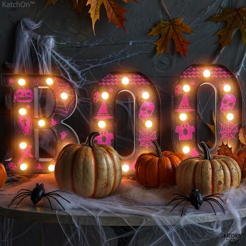 كاتش أون، حروف مضيئة LED Boo - 8.5 بوصة، تعمل بالبطارية | علامة مضيئة باللونين الأرجواني والأسود لديكورات الهالوين في الأماكن المغلقة | لافتة سرادق الهالوين لديكورات حفلات الهالوين in Saudi Arabia