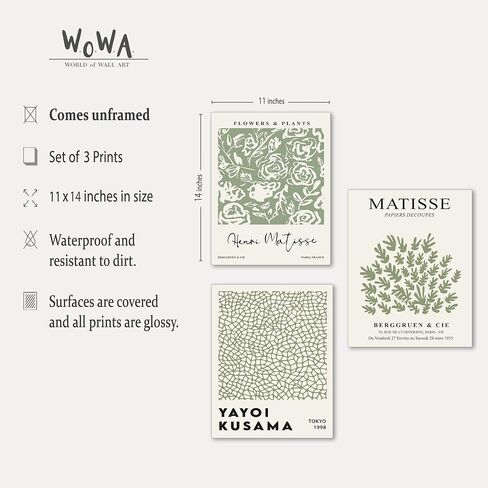 W.O.W.A - مطبوعات فنية جدارية من ماتيس، لوحة فنية جدارية تجريدية باللون الأخضر المريمية لديكور المنزل الجمالي (11 بوصة × 14 بوصة، بدون إطار) in Kuwait