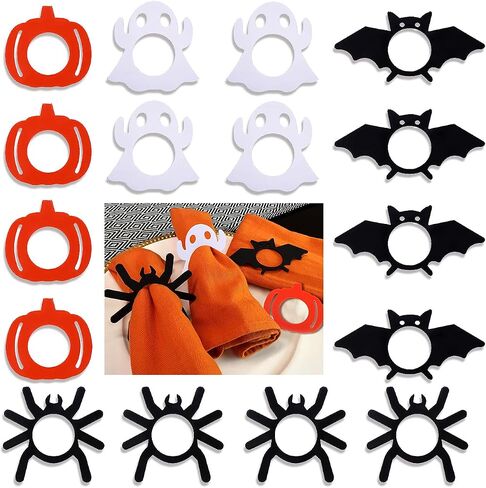 16PCS Halloween Napkin Rings, Acrylic Pumpkin Ghost Bat Spider Napkin Serviette Holder Rings Decorative Hallow Out Fall Napkin Ring Set for Halloween Holiday Party Family Gather Table Settings in Saudi Arabia