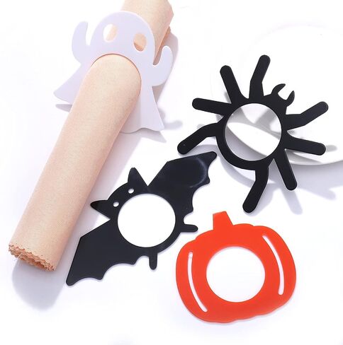 16PCS Halloween Napkin Rings, Acrylic Pumpkin Ghost Bat Spider Napkin Serviette Holder Rings Decorative Hallow Out Fall Napkin Ring Set for Halloween Holiday Party Family Gather Table Settings in Saudi Arabia