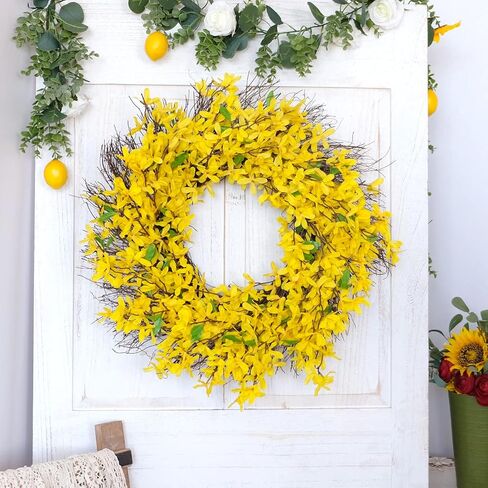 إكليل زهرة فورسيثيا مقاس 26 بوصة للباب الأمامي، إكليل زهور للربيع والصيف كل يوم للداخل والخارج، إكليل كبير الحجم لديكور المنزل in Kuwait