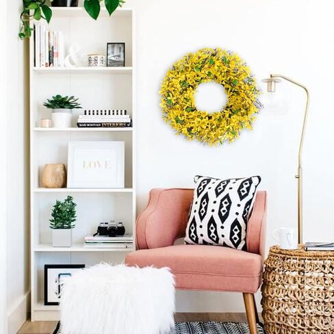 إكليل زهرة فورسيثيا مقاس 26 بوصة للباب الأمامي، إكليل زهور للربيع والصيف كل يوم للداخل والخارج، إكليل كبير الحجم لديكور المنزل in Kuwait