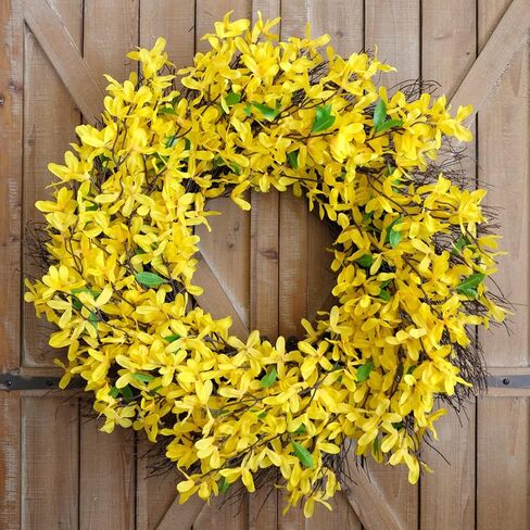 إكليل زهرة فورسيثيا مقاس 26 بوصة للباب الأمامي، إكليل زهور للربيع والصيف كل يوم للداخل والخارج، إكليل كبير الحجم لديكور المنزل in Kuwait