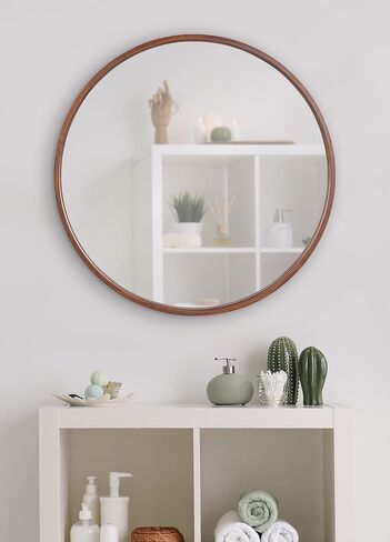 Kate and Laurel Valenti Round Wood Wall Mirror, 28 Inch Diameter, Walnut Brown, Decorative Circular Mirror for Wall in Saudi Arabia
