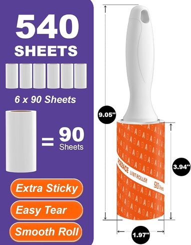 ACE2ACE Lint Rollers for Pet Hair Extra Sticky, 540 Sheets Lint Roller Refills for Clothes, Reusable Lint Roller Pack for Clothing, Carpet, Dog & Cat Hair Removal, 6 Rollers+ 2 Handle, White in Saudi Arabia