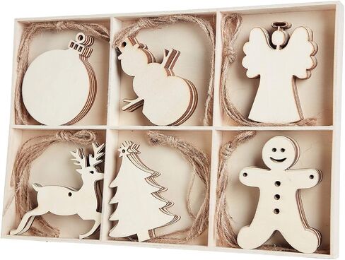 MACTING 30pcs Unfinished Wood Christmas Ornaments with Holes, Christmas Hanging Decorations for Kid's DIY Gift Craft Xmas Tree, 6 Shapes-Angel, Deer, Ball, Doll, Snowman, Tree in Saudi Arabia