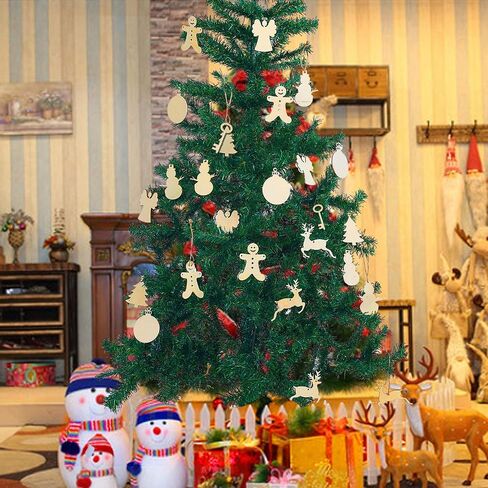 MACTING 30pcs Unfinished Wood Christmas Ornaments with Holes, Christmas Hanging Decorations for Kid's DIY Gift Craft Xmas Tree, 6 Shapes-Angel, Deer, Ball, Doll, Snowman, Tree in Saudi Arabia