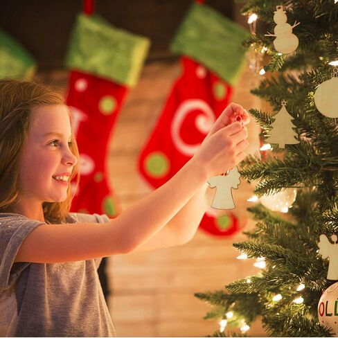MACTING 30pcs Unfinished Wood Christmas Ornaments with Holes, Christmas Hanging Decorations for Kid's DIY Gift Craft Xmas Tree, 6 Shapes-Angel, Deer, Ball, Doll, Snowman, Tree in Saudi Arabia