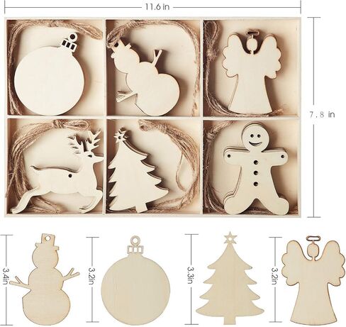 MACTING 30pcs Unfinished Wood Christmas Ornaments with Holes, Christmas Hanging Decorations for Kid's DIY Gift Craft Xmas Tree, 6 Shapes-Angel, Deer, Ball, Doll, Snowman, Tree in Saudi Arabia