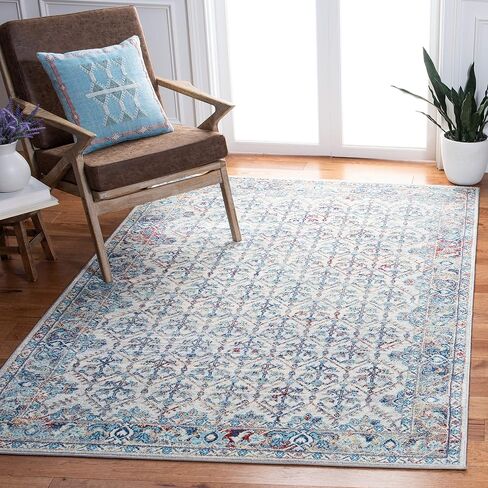 سجادة منطقة مجموعة SAFAVIEH Brentwood - 22.86 سم × 30.48 سم، عاجي وأزرق، تصميم شرقي متعثر، لا يتساقط ويسهل العناية به، مثالي للمناطق ذات حركة المرور العالية في غرفة المعيشة وغرفة النوم (BNT869A) in Kuwait