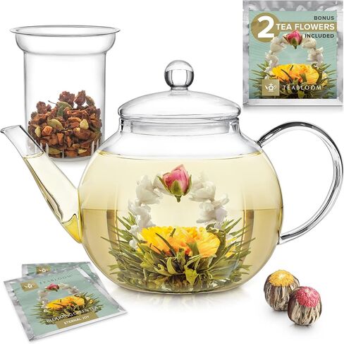 Teabloom Heatproof Borosilicate Glass Teapot (34 oz) with Removable Loose Tea Glass Infuser – Includes 2 Blooming Teas – 2-in-1 Tea Maker in Saudi Arabia
