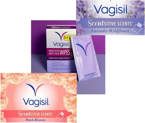 Sensitive Scents On-The-Go Feminine Cleansing Wipes, pH Balanced, Individually Wrapped + King Combo QR Code (Assorted Lavander, Peach, Anti-itch, 8 Spk) in Saudi Arabia