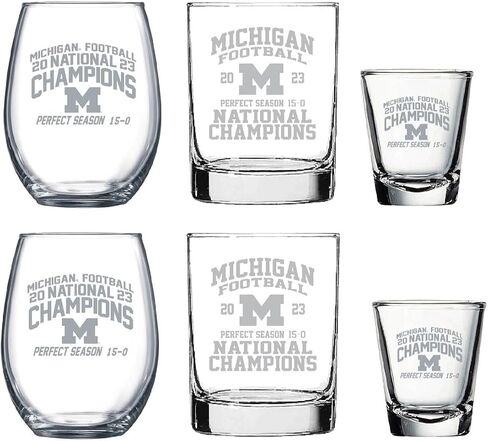 6 Piece Satin Glass Combo Set Includes 2 Wines (juice), 2 Rocks (old fashion) and 2 Shot Glasses (Michigan National Championship) in Saudi Arabia