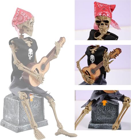 EVAPLUS 12inch Funny Animated Skeleton Bass Guitar Player(Voice-Activated),Halloween Decorations Indoor Excellent Quality Skull,Tabletop Ornament Collectible Figurines Halloween Decor(Headband Style) in Saudi Arabia
