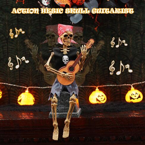 EVAPLUS 12inch Funny Animated Skeleton Bass Guitar Player(Voice-Activated),Halloween Decorations Indoor Excellent Quality Skull,Tabletop Ornament Collectible Figurines Halloween Decor(Headband Style) in Saudi Arabia