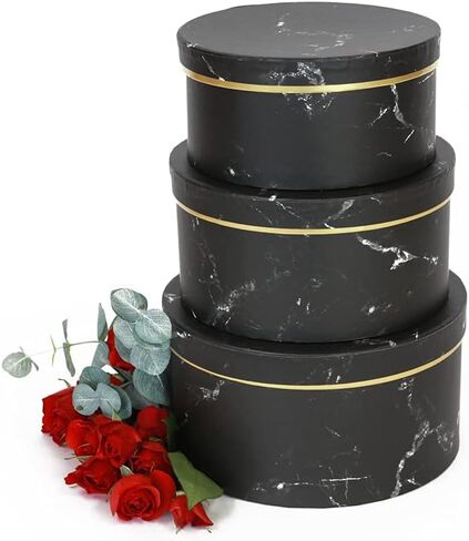 مجموعة UNIKPACKAGING عالية الجودة مكونة من 3 صناديق مستديرة لترتيبات الزهور والهدايا الفاخرة، وصناديق للتخزين، وديكور المنزل (رخام أسود) in Saudi Arabia