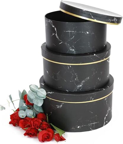مجموعة UNIKPACKAGING عالية الجودة مكونة من 3 صناديق مستديرة لترتيبات الزهور والهدايا الفاخرة، وصناديق للتخزين، وديكور المنزل (رخام أسود) in Saudi Arabia