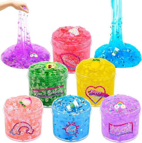 Clear Slime Kit 6 Pack, Premade Crunchy Slime Set DIY Birthday Slime Party Favors for Girls Boys 10-12, Non Sticky Jelly Cube Slime Cute Charms, Peach Cake Avocado Pineapple Crystal Clear Slime Kit in Kuwait