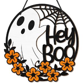 Halloween Ghost Flowers Door Hanging Sign Decorations, Hey Boo Spider Web Round Wooden Signs, Halloween Welcome Front Door Hanger Wreath Yard Wall Home Decor for Halloween Party Supplies