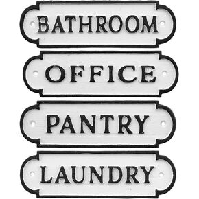 AuldHome Farmhouse Decor Metal Signs, Set of 4 Decorative Cast Iron Door Room Plaques with "Pantry", "Office", "Bathroom" and "Laundry"