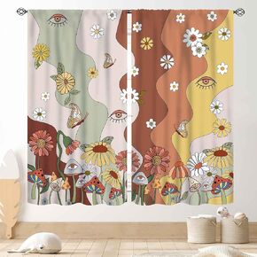 Mushroom Curtains for Kitchen, Farmhouse Country Wild Floral Botanical Mushroom Cottagecore Nature Plants Herbs Blackout Window Treatments Drapes for Bedroom Living Room, 55x39 Inch